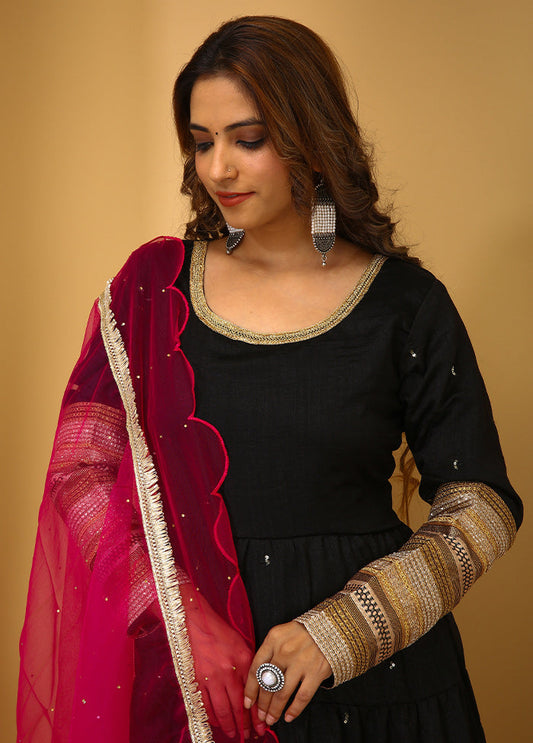 Kajal & Shilpa Chaudhary Sister Black Colour Anarkali Three Piece Suit