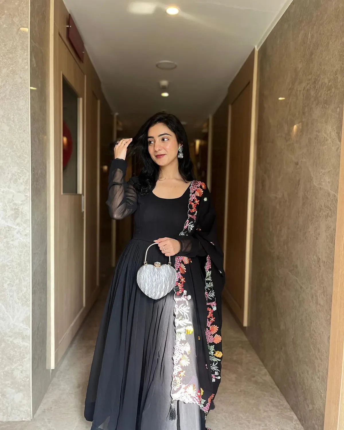 Khushi Verma in Black Colour Backless Anarkali Three Piece Suit