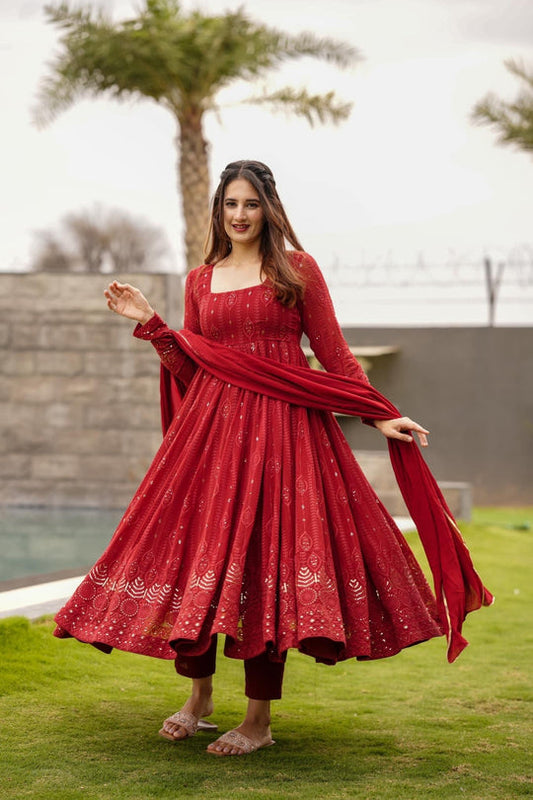 Jyoti Thakur Designer Back String Style Red Colour Three Piece Anarkali Suit