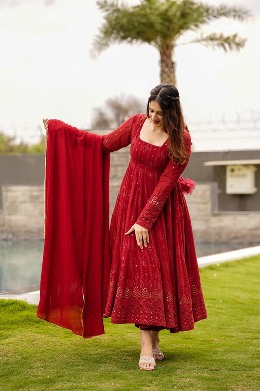 Kanak Mishra Red Colour Pure Soft Georgette Three Piece Anarkali Suit